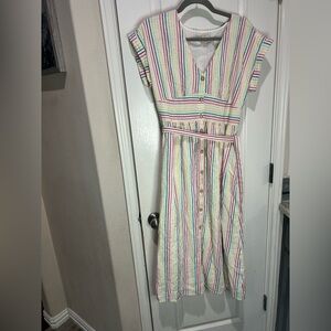 Loft Multicolor Rainbow Striped Midi Dress Button Front Womens Cotton Summer 6